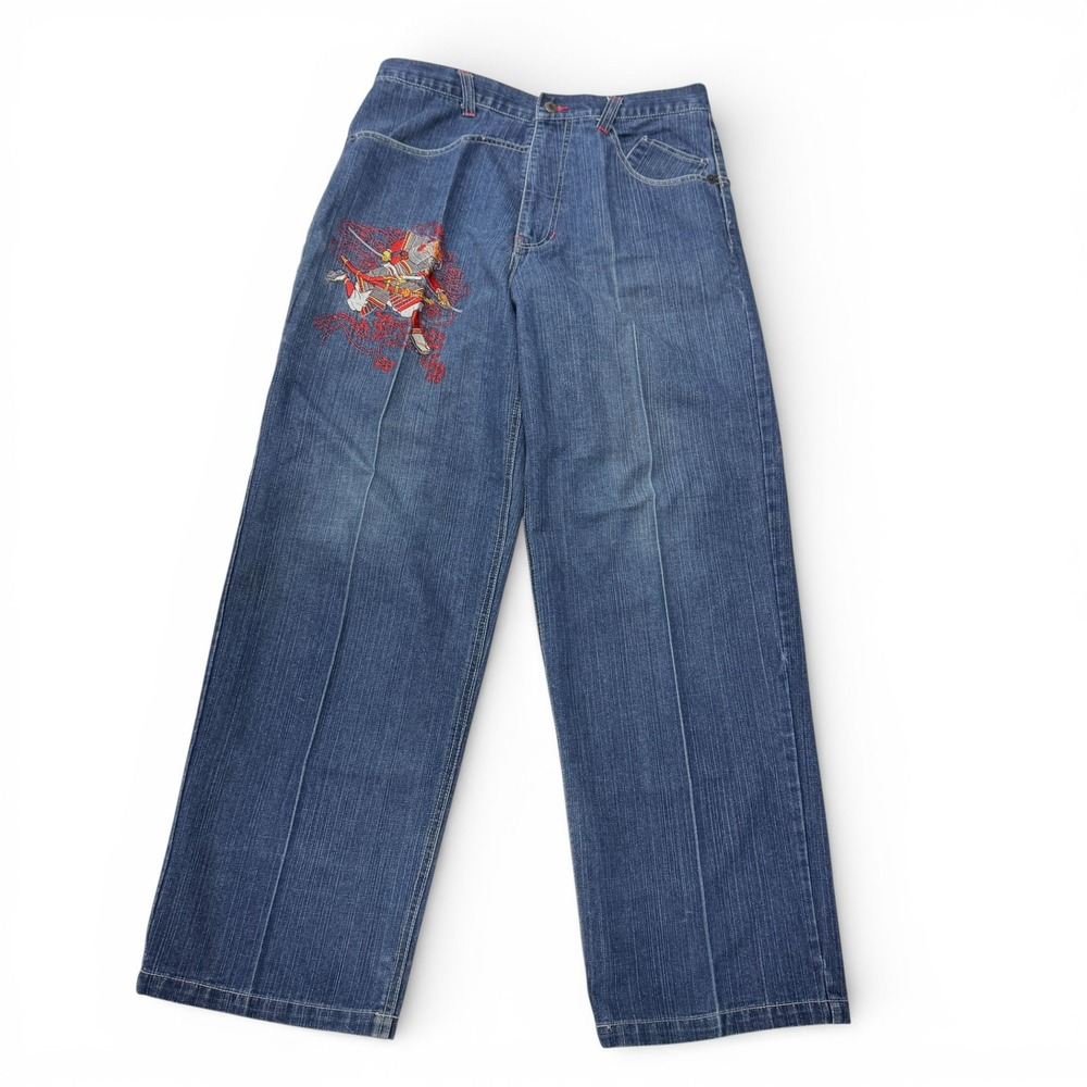 No 83 Mens Jeans Denim Samurai Warrior Embroidered Pockets Baggy 32‎ x 32 Y2K